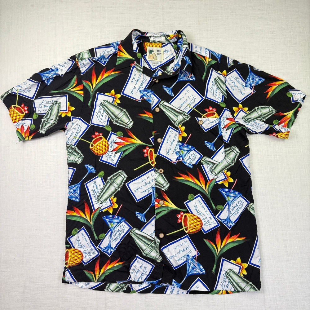 VTG Cocktail Tiki Tropical Shirt Barware Retro M.E. Sport Size M Men Black Rayon